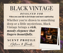 Product description card for 'Black Vintage' with text and images of a bottle and flowers on a natural background.