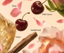 Collage of rose petals, wild cherry, sandalwood, and amber on a light pink background.