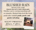 Description Card for Blushed Rain that says "Designed for moments when you're ready to bloom again. Whether you're craving something soft or romantic, Blushed Rain feels like fresh petals after rainfall: gentle, pretty, and quietly refreshing. " with the scent profile of "Blossom & Bloom"