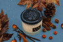 An Autumn Rain Velvet Noble candle on a blue background with decorative fall elements.