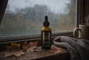 A bottle of Velvet Drops Luxury Warmer Oil stands on a rustic wooden windowsill with raindrops on the glass, autumn leaves, a gray knit blanket, and a mug nearby.