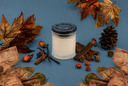 A single wick Autumn Rain candle on a blue background with decorative fall elements.