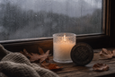 A lit white candle in a textured clear glass holder sits on a rustic wooden windowsill with raindrops on the glass, surrounded by dried autumn leaves and a knitted beige throw blanket.