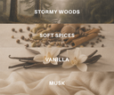 Fragrance notes for Autumn Rain with matching visuals: Stormy Woods, Soft Spices, Vanilla, & Musk.