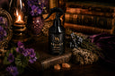 Black bottle labeled 'Velvet Home' on a wooden surface with purple flowers and books in the background
