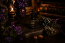 Bottle of 'Velvet Drops' on an old book with purple flowers and a candle in a dark setting