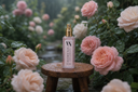 Blushed Rain Mini Air & Linen Mist on a small wooden stool surrounded by pink roses in a garden setting
