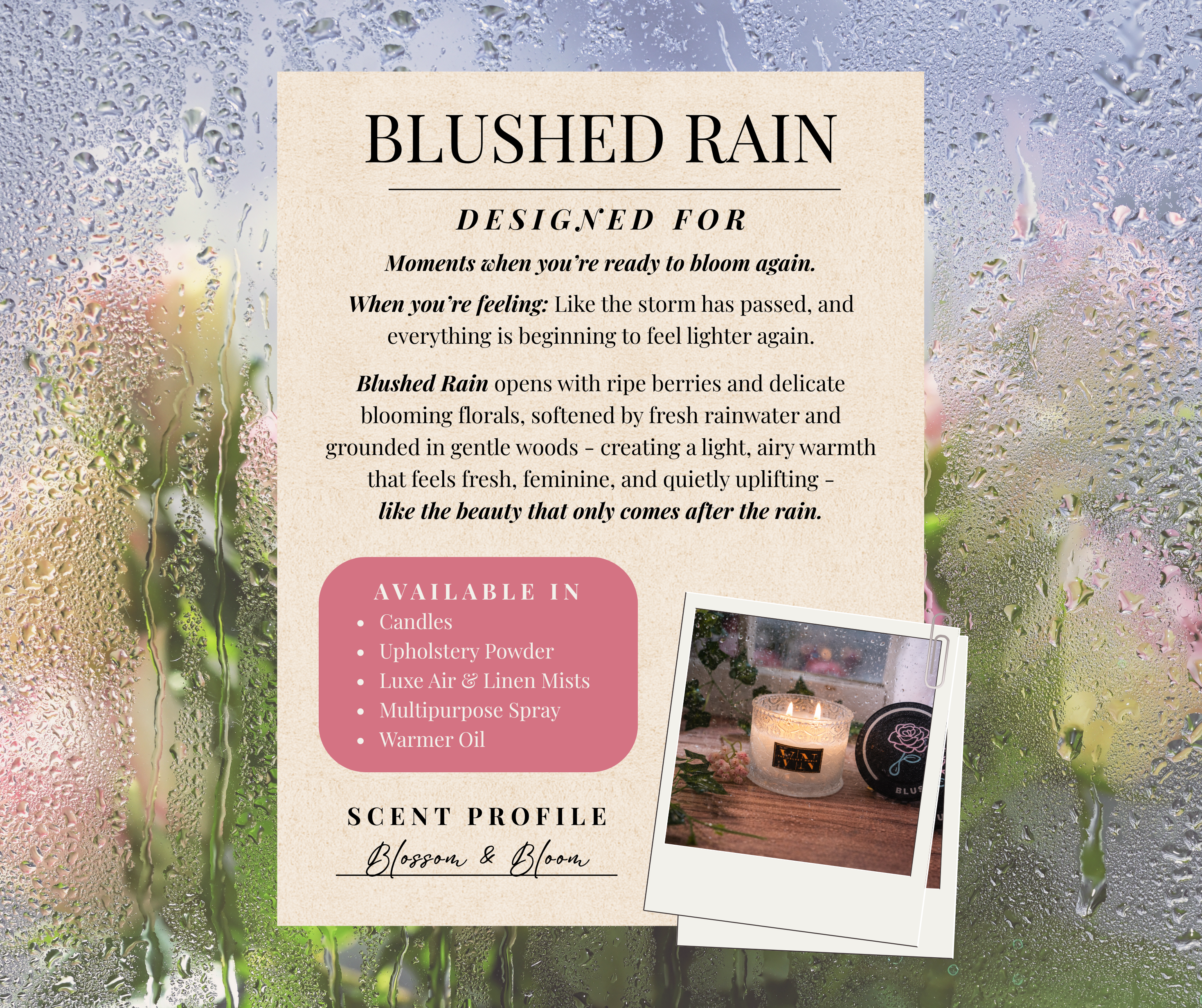 Product description card for 'Blushed Rain' with a blurred background of raindrops on glass.