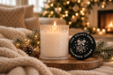A lit white candle in a textured clear glass holder sits on a wooden tray beside a round black label reading 'THE VELVET NOBLE CASHMERE CEDAR' with a bow illustration. The scene is styled with pine branches, a pinecone, and a cozy knit blanket in front of a blurred Christmas tree and fireplace.