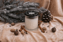 A glass jar candle with a black lid sits on a beige fabric surface surrounded by cinnamon sticks, nutmegs, pinecones, evergreen branches, and small ornaments, with a snowy, softly lit winter scene.
