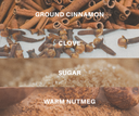 Four horizontal bands show close-up textures of spices: ground cinnamon sticks, cloves, sugar, and warm nutmeg with white text labels reading 'GROUND CINNAMON', 'CLOVE', 'SUGAR', and 'WARM NUTMEG'.