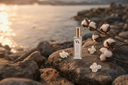 Clean Slate mini Air & Linen Mist with cotton flowers on a rocky beach at sunset