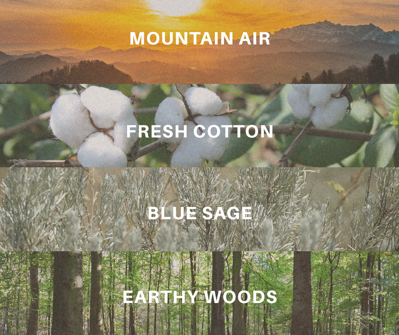 Four different scents with corresponding imagery: mountain air, fresh cotton, jasmine, and earthy woods.