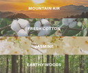 Four different scents with corresponding imagery: mountain air, fresh cotton, jasmine, and earthy woods.