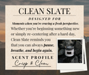 Product description card for the fragrance Clean Slate with the scent profile "Crisp & Clean"