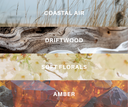 Four fragrance labels with matching imagery: Coastal Air, Driftwood, Soft Florals, & Amber.