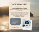 A fragrance description card for Morning Mist that matches the product description, states it's available in Candles, Upholstery Powder, Luxe Air & Linen Mists, Multipurpose Spray, and Warmer Oil. It says the Scent profile is Crisp & Clean.