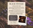 Product description card for 'Black Vintage' with text and images of a bottle and flowers on a natural background.