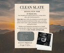 Product description card for 'Clean Slate' with a scenic background