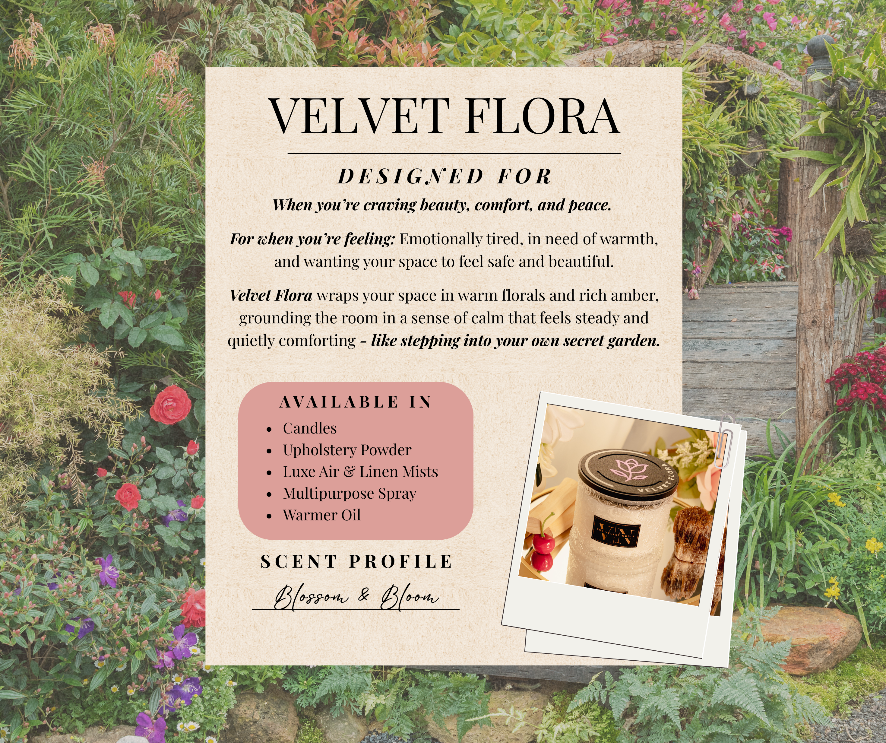 Product description card for Velvet Flora with garden background