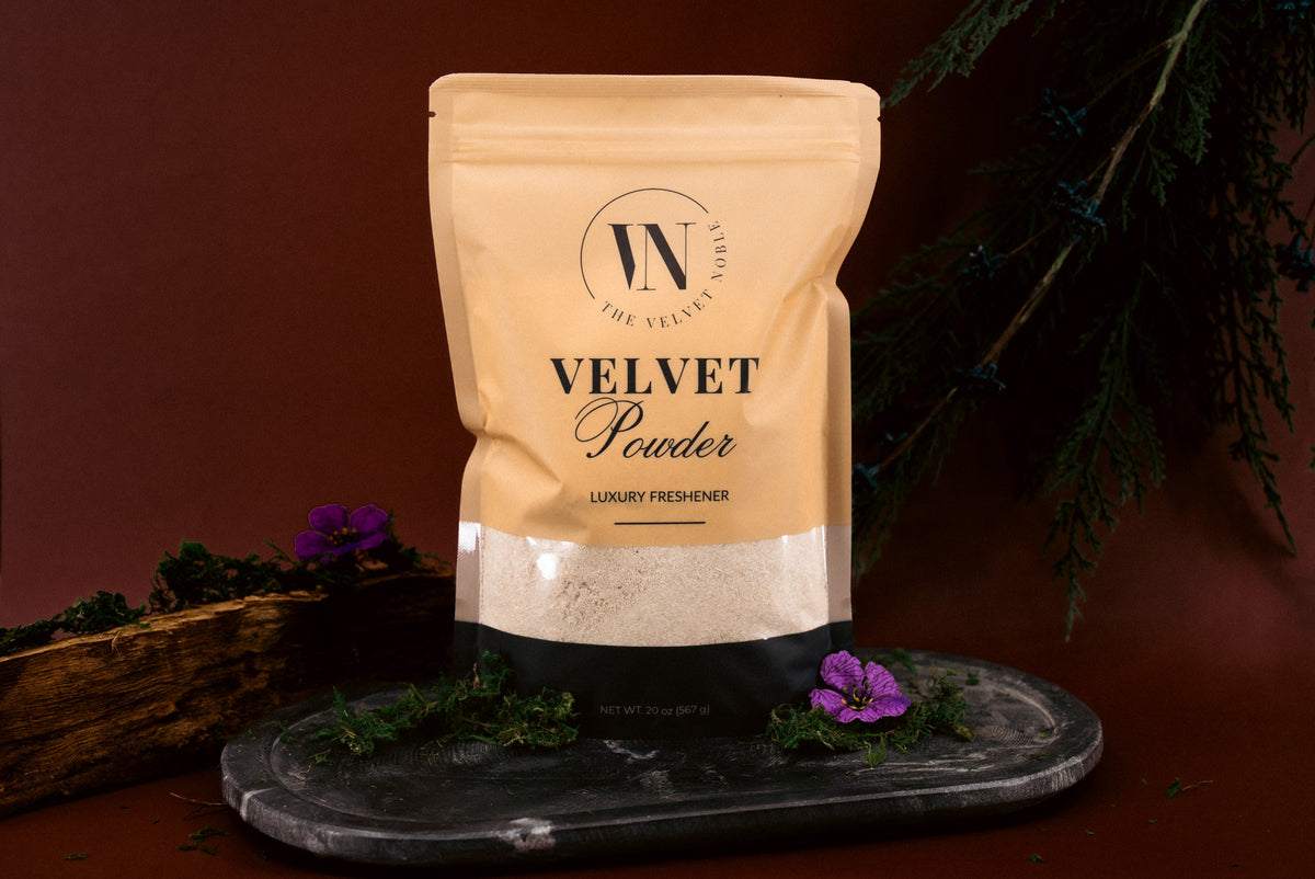 Package of Velvet Powder with decorative elements on a dark background