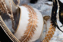 White Velvet Ribbon w/ Jeweled & Gold Art Deco Center