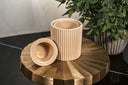 Light Brown Fragrance Warmer on a golden pedestal with a plant in the background.