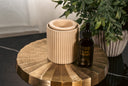 Light Brown Fragrance Warmer & bottle of Velvet Drops on a golden pedestal with a plant in the background.