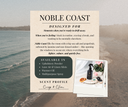 Product description card for Noble Coast with a beach background