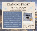 A promotional graphic for the Scent Profile 'Diamond Frost' in the 'Crisp & Cozy' scent profile. The graphic features a warm beige background with decorative snowflakes, showcasing the product name, a descriptive text block, a product photo of a frosted candle jar, and the scent profile details against a blurred winter forest background.