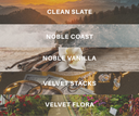 Collage of images with text labels 'Clean Slate', 'Noble Coast', 'Noble Vanilla', 'Velvet Stacks', and 'Velvet Flora' over scenic and product backgrounds.