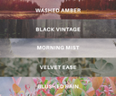 5 fragrance names with matching visuals. From top to bottom: Washed Amber, Black Vintage, Morning Mist, Velvet Ease, & Blushed Rain