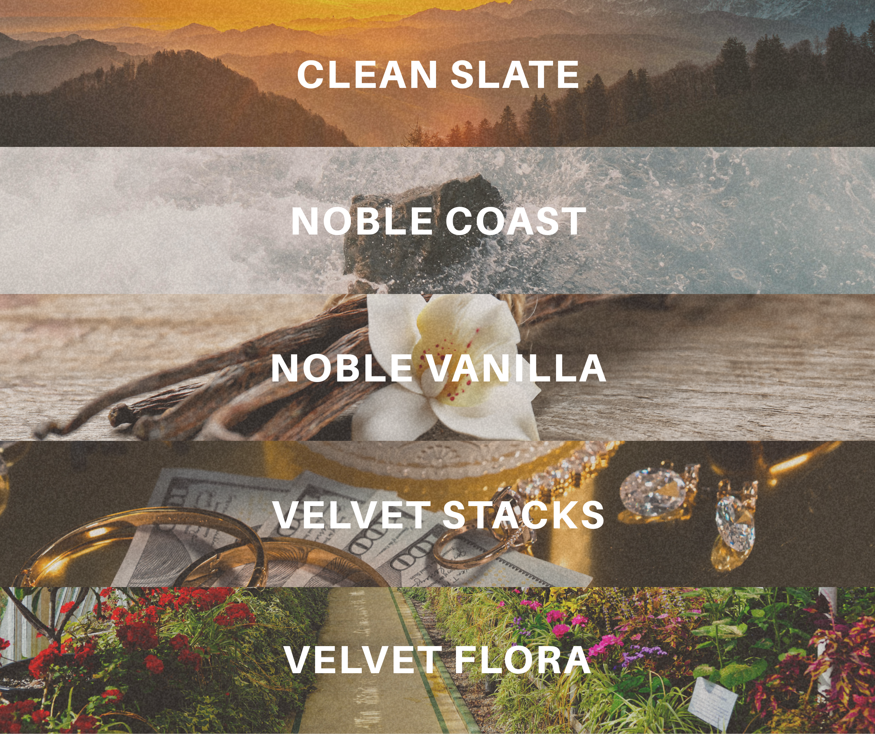 Collage of images with text labels 'Clean Slate', 'Noble Coast', 'Noble Vanilla', 'Velvet Stacks', and 'Velvet Flora' over scenic and product backgrounds.