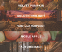A seasonal color palette collage featuring five autumn-themed colorways labeled 'VELVET PUMPKIN', 'GOLDEN TWILIGHT', 'VANILLA HARVEST', 'NOBLE APPLE', and 'AUTUMN RAIN' over corresponding warm-toned product imagery with pumpkins, apples, and cozy fall decor.