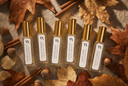 Six clear glass bottles with gold caps and white labels are arranged in a row on a textured neutral surface, surrounded by autumn leaves, cinnamon sticks, and acorns. The labels show a stylized 'VN' logo and scent names including Vanilla Harvest, Velvet Pumpkin, Autumn Rain, Golden Twilight, Noble Apple, and Vintage Pumpkin.