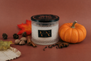 Velvet Pumpkin 2-wick candle on a red-brown background with Clove, Cinnamon, Nutmeg, some autumn leaves and a small pumpkin.