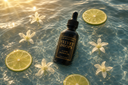 Velvet Drops Warmer Oil in a pool of fresh, clear water with Citrus and flowers.