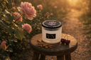 Candle on a wooden stool with flowers in the background