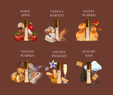 Six fall-themed fragrance bottle illustrations arranged in a 2x3 grid on a brown background, each labeled with a scent name: Noble Apple, Vanilla Harvest, Velvet Pumpkin, Vintage Pumpkin, Golden Twilight, and Autumn Rain. The bottles are shown with autumn motifs like pumpkins, apples, cinnamon, flowers, and clouds.