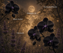 A mystical forest scene at moonlit hour with dark black orchid flowers, purple wildflowers, glowing fireflies, and overlaid text reading 'Enchanted Woods,' 'Midnight Air,' 'Black Orchid,' and 'Patchouli.'