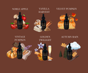 Six fall-themed cosmetic dropper bottles labeled Noble Apple, Vanilla Harvest, Velvet Pumpkin, Vintage Pumpkin, Golden Twilight, and Autumn Rain, arranged on a brown background with seasonal illustrations.