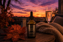 A bottle of Velvet Drops Luxury Warmer Oil stands on a wooden table outdoors at sunset, styled with a sparkling drink in a glass, a knitted throw blanket, and a red maple leaf. The background shows a colorful orange and purple sunset sky.