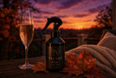 A black trigger spray bottle labeled 'VELVET home' sits on a wooden table outdoors at sunset, styled with a filled champagne flute, autumn leaves, and a knitted blanket. The background shows a colorful sunset sky.