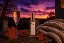 A clear rectangular bottle with a gold cap and a white label reading 'VN' stands on a wooden table beside a filled champagne flute, autumn leaves, and a chunky knit blanket, with a purple and orange sunset sky in the background.