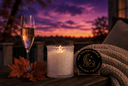 A lit scented candle in a textured glass jar sits on a wooden table at sunset, with a champagne flute, red leaves, a knitted blanket, and a round black lid beside it. The lid shows a crescent moon with the words Golden Twilight and The Velvet Noble.
