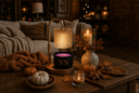 A warm autumn-themed living room scene featuring a lit scented candle in a black jar with a gold-toned gooseneck lamp on a wooden coffee table. The candle has a purple wax top and a gold logo on the front.