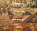 Fragrance notes for Golden twilight with matching visuals including Starflower, Sandalwood, Champagne, & Amber