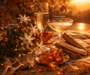 Fragrance notes for Golden twilight with matching visuals in the form of a still life photograph including Starflower, Sandalwood, Champagne, & Amber