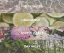 Collage of water, bergamot slices, flowers, and moss with text labels.