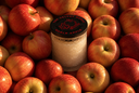 A single wick Noble Apple candle from The Velvet Noble sits in a pile of bright red apples, lit by the golden glow of the sun.